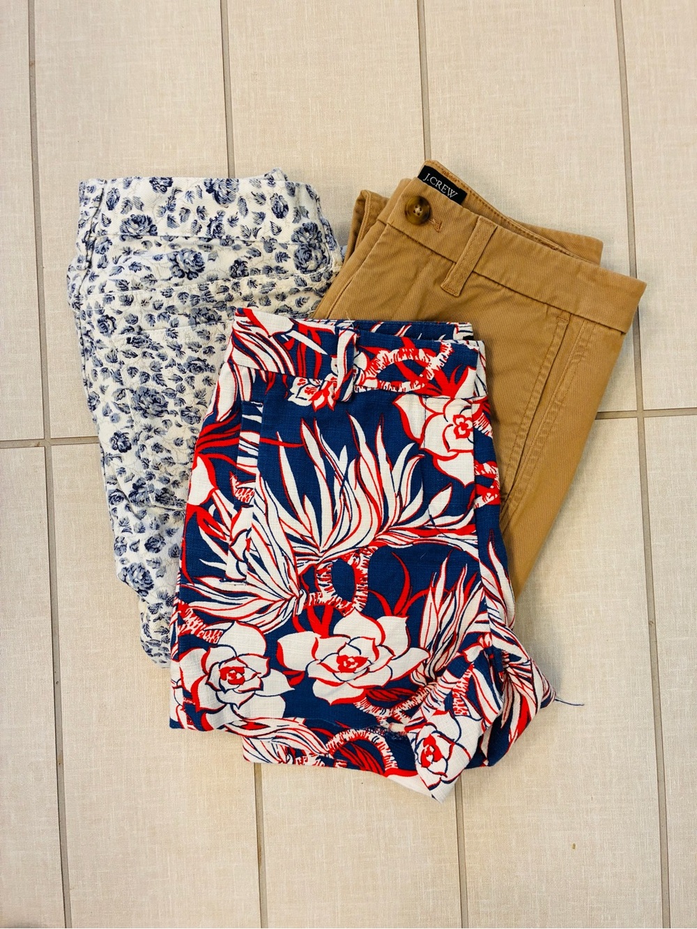 J. Crew Tan Chinos with Navy, Red & White Floral Shorts Bundle